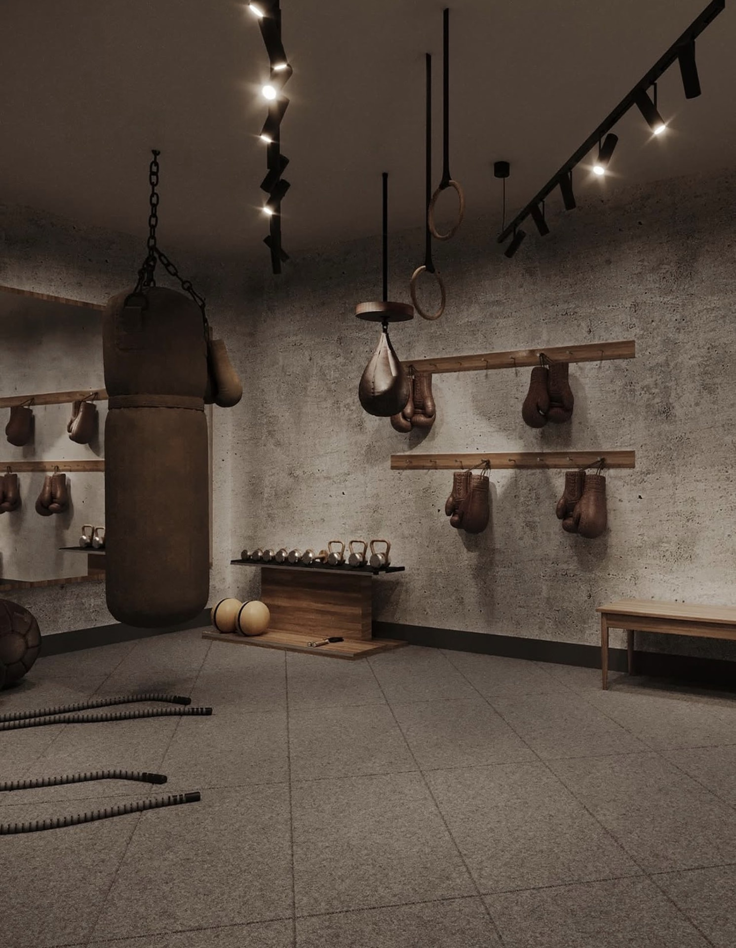 The kickboxing studio with bags and gloves