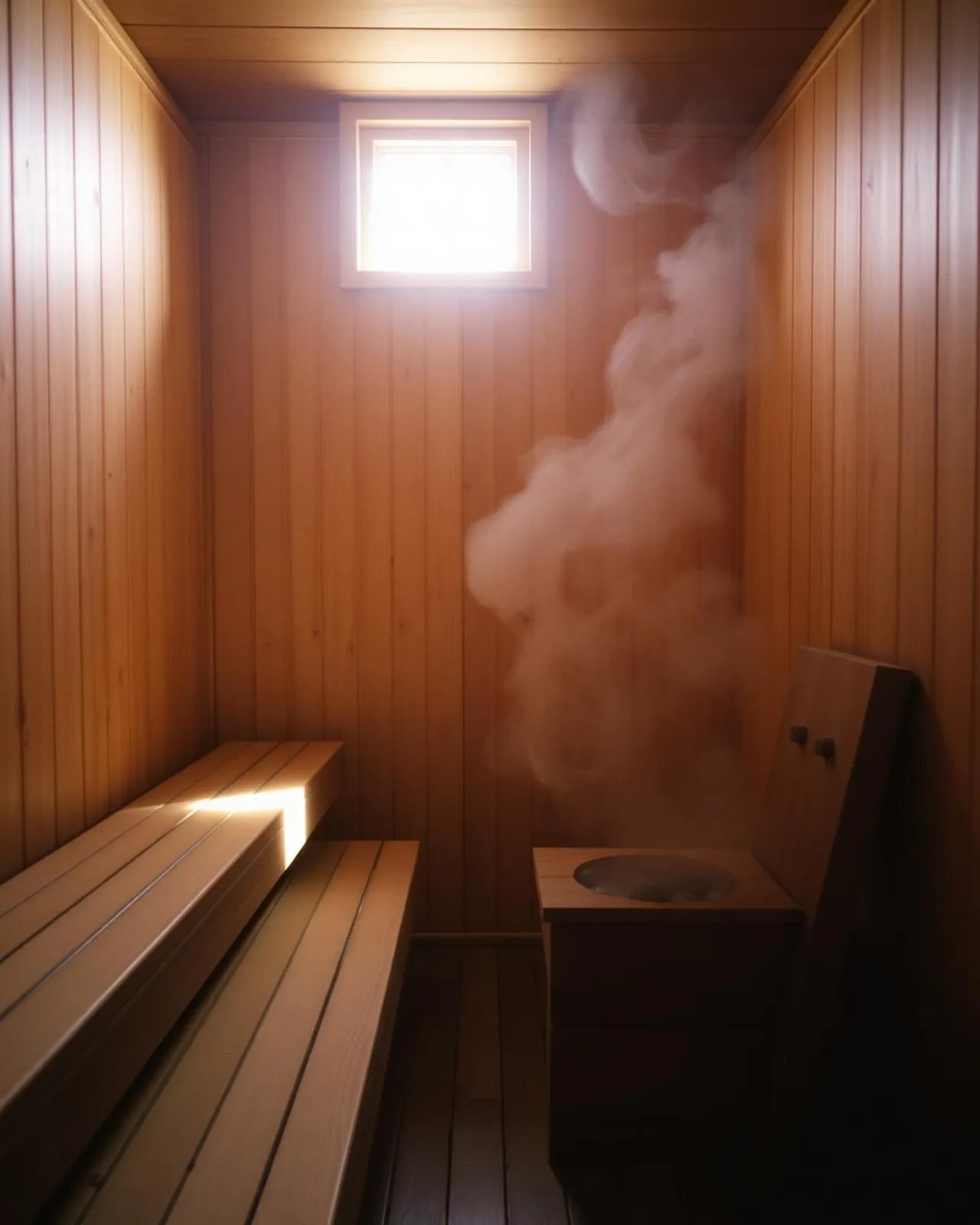 Cedar sauna with steam rising from the stones