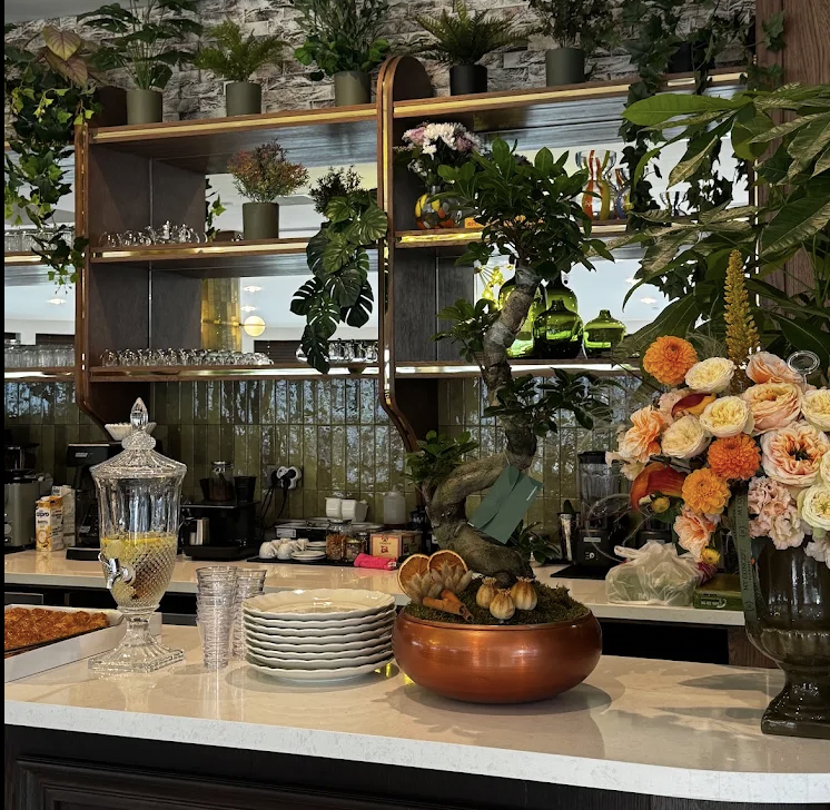 Bitkiler, çiçekler ve aromalı suyla kafe tezgâhı