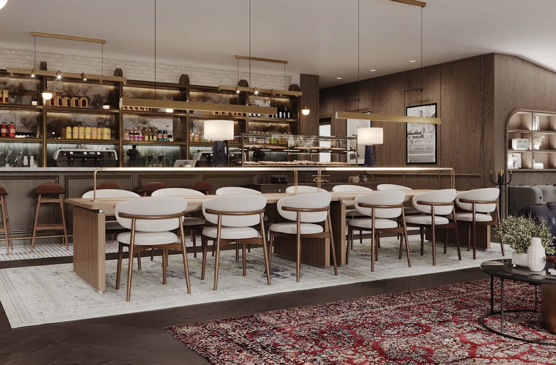 Kulüp salonunda uzun ortak masa ve ahşap bar